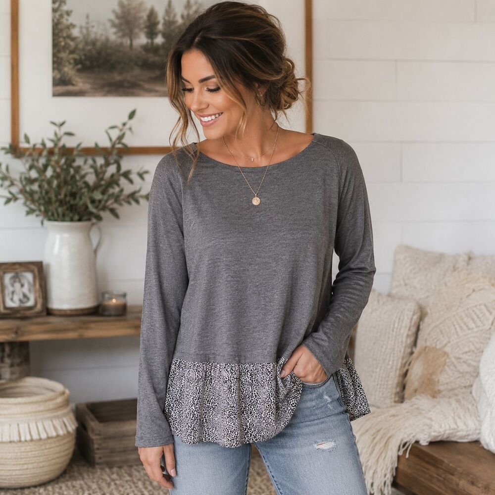 ANN TAYLOR LOFT Gray Thin Knit/Jersey Tunic Women's Sz XL Chiffon Hem Pullover